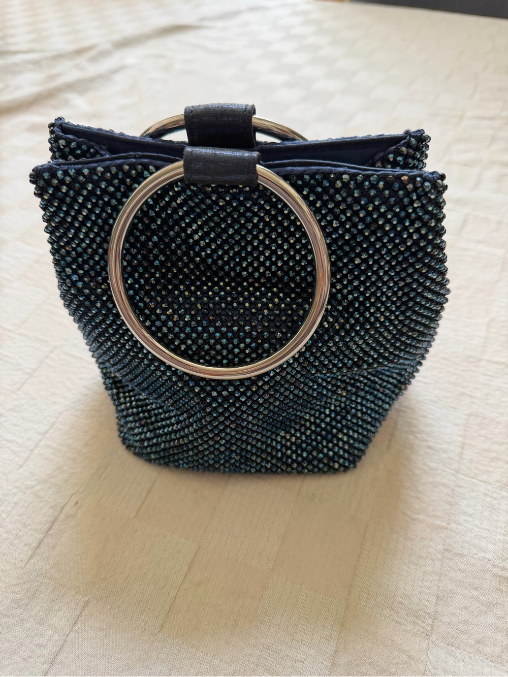 Embellished Metallic Blue Ring-Handle Evening Bag